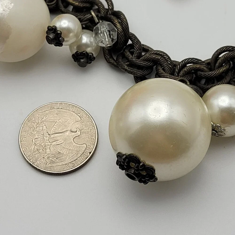 Plunder Statement Pearl Necklace And Charm Bracelet Set White Bronze Tone